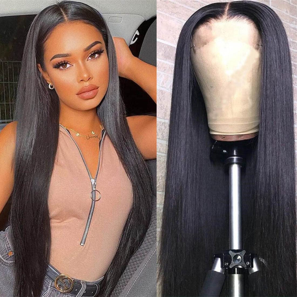 28 Inch Brazilian Straight Lace Front Wig 4x4 Swiss Lace Closure Human Hair Pre Plucked for Black Women