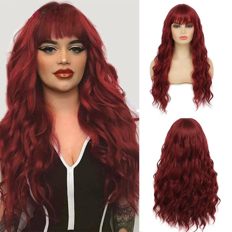 Red Curly Wig with Bangs Heat Resistant Long Wine Red Wavy Synthetic Hair for Women Halloween