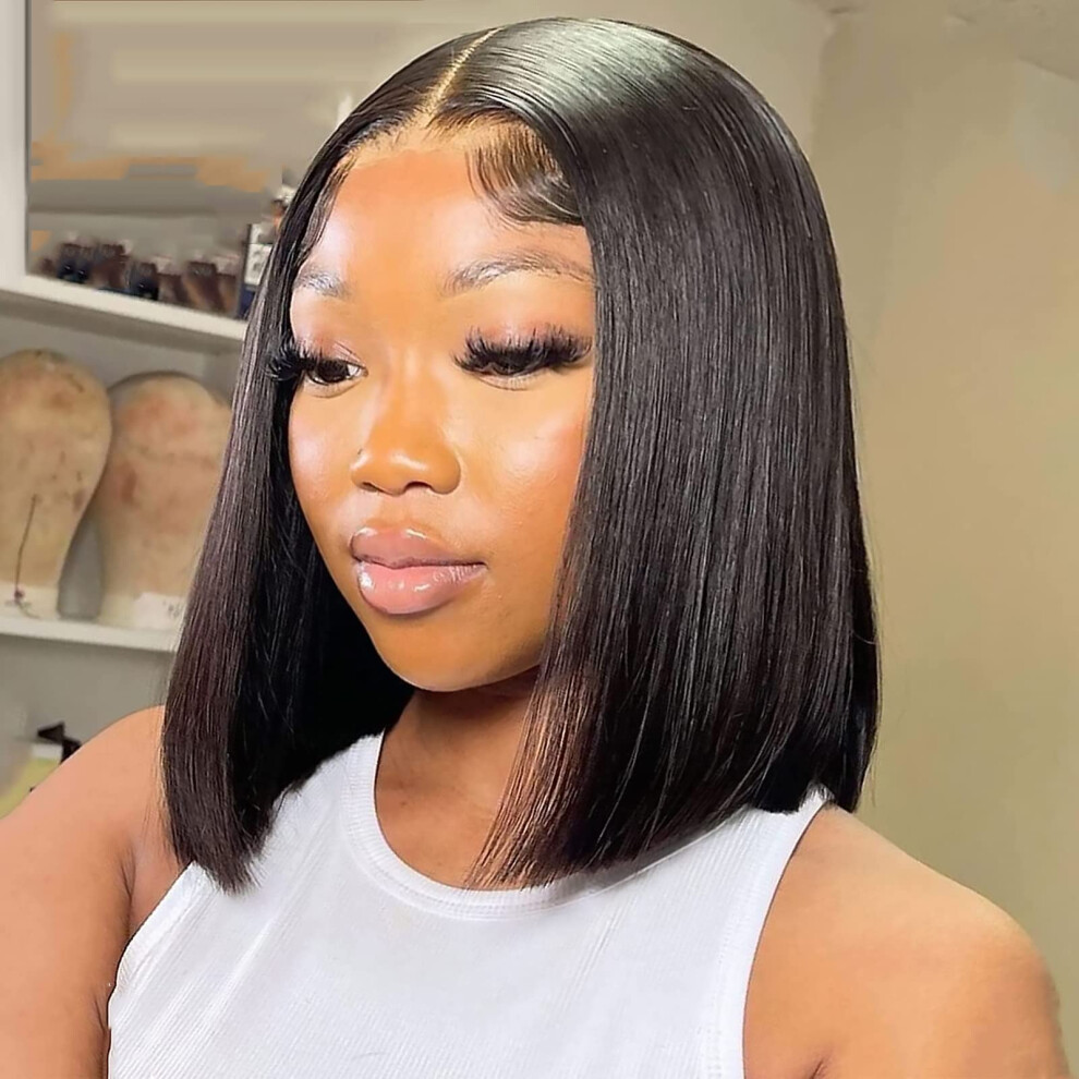 12 Inch HD Lace Front Bob Wig Human Hair Pre Plucked Brazilian Straight 180% Density Glueless