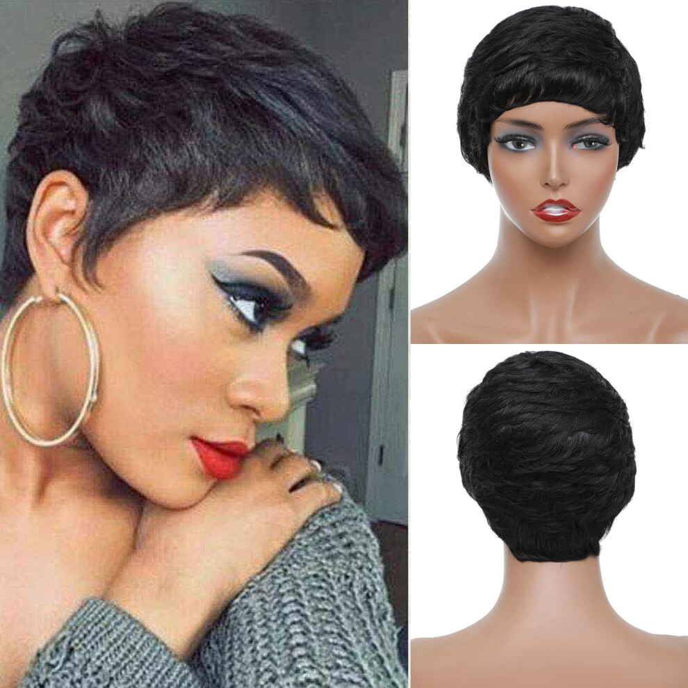 Unisex Black Short Human Hair Wig With Bangs For Women, Layered Wavy Pixie Cut, Natural Style