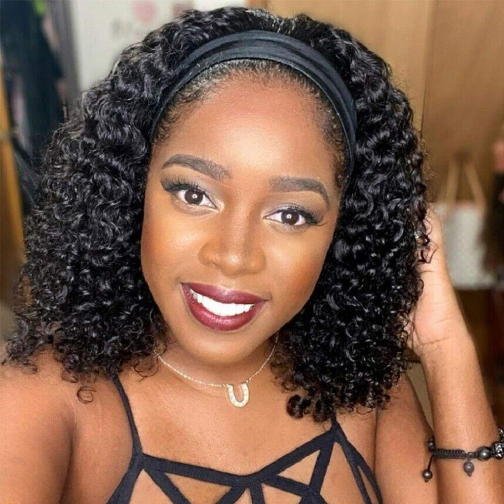 Unisex Human Hair Headband Wig Curly Bob 10 Inch 150% Density Brazilian Virgin Remy Glue