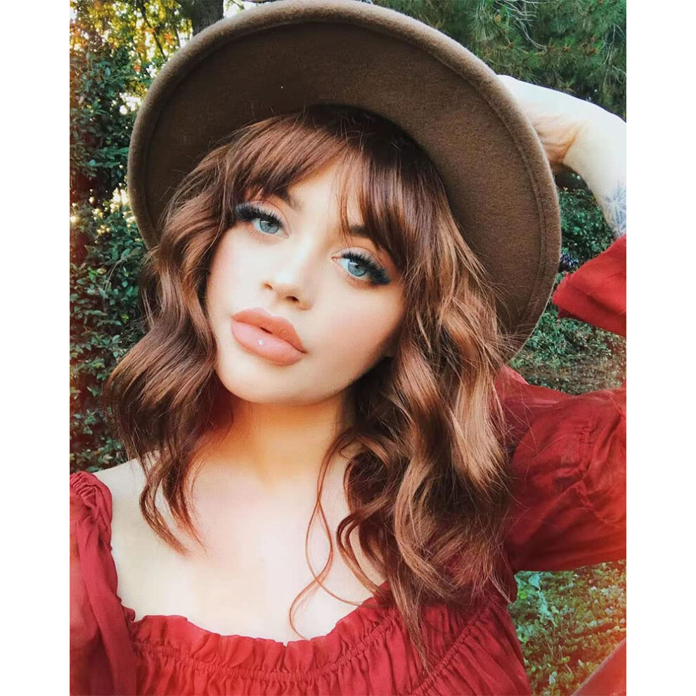 Unisex Brown 14 Inch Short Wavy Bob Wig With Bangs Synthetic Naturallooking Cosplay Wig For Women