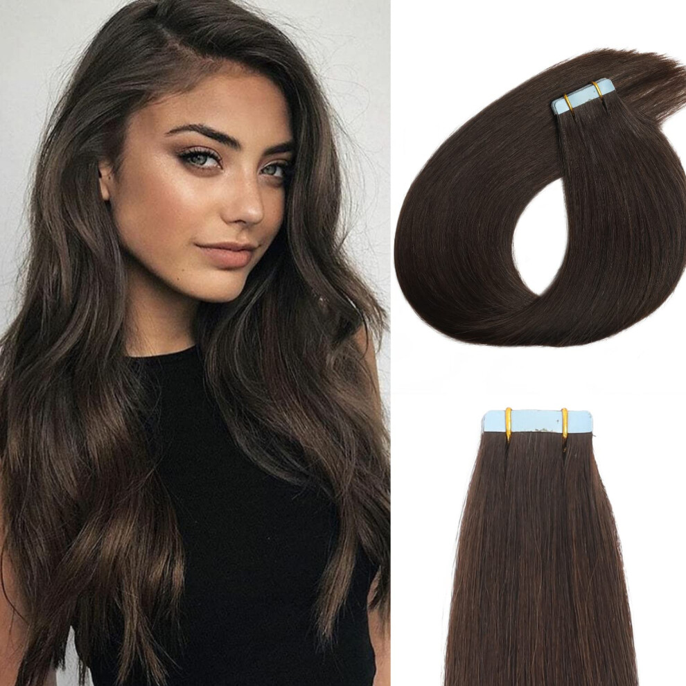 Unisex Brown Tape In Hair Extensions Human Hair 18 Inch Darkest #2 Remy Silky Straight Seamless Blend