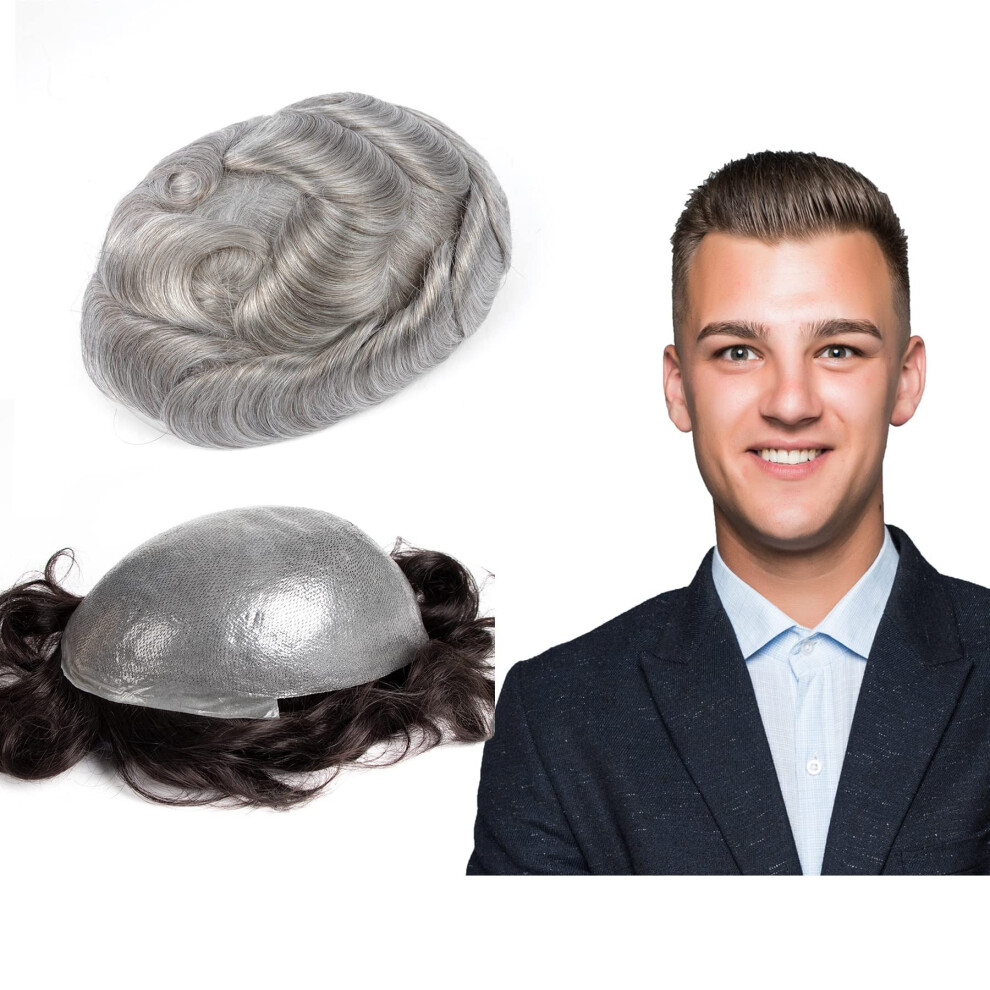 Unisex Brown,Grey Men's Toupee Human Hair Wig 8X10 Thin Skin Vloop Medium Brown 80% Grey Natural Hairline