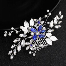 Bridal Hair Accessories Silver Blue Crystal Pearl Wedding Hair Comb with Rhinestones and Leaf Design