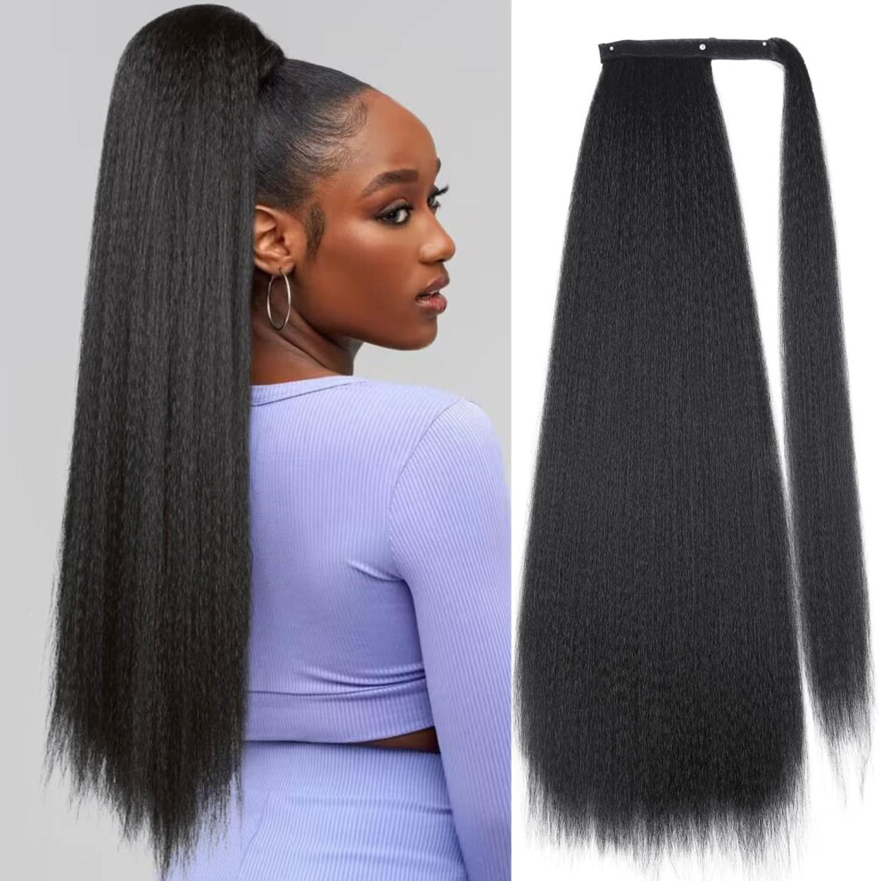 Unisex Black 30 Inch Kinky Straight Ponytail Hair Extension Yaki Wrap Around Hairpiece For Women