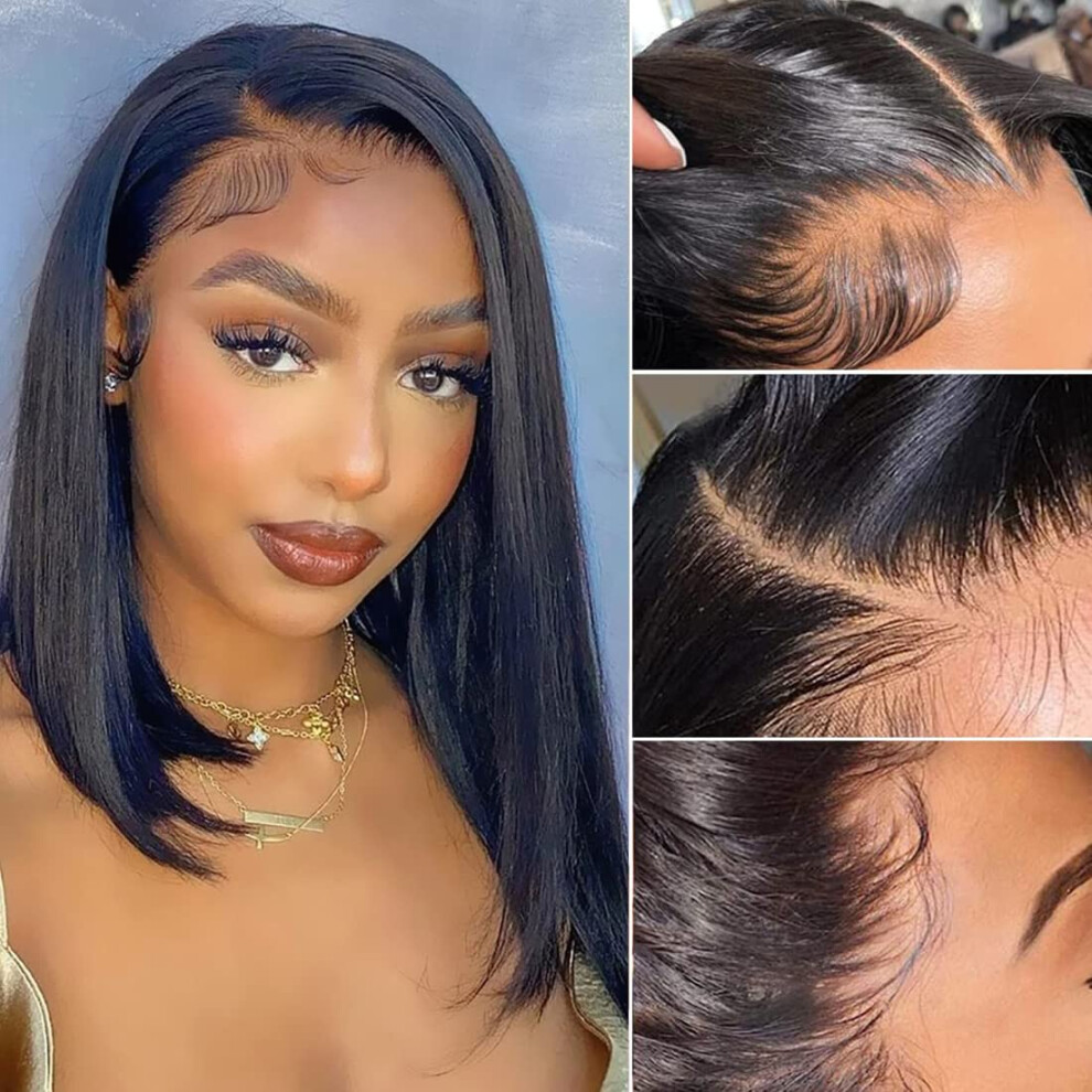 Unisex 100% Remy Human Hair Wig Glueless Lace Front Bob 10 Inch Pre Plucked Natural Hairline