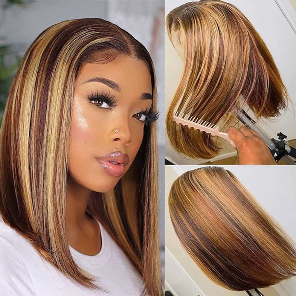 Unisex Brown 12 Inch Ombre Human Hair Bob Wig Honey Blonde Glueless Lace Closure Pre Plucked Straight