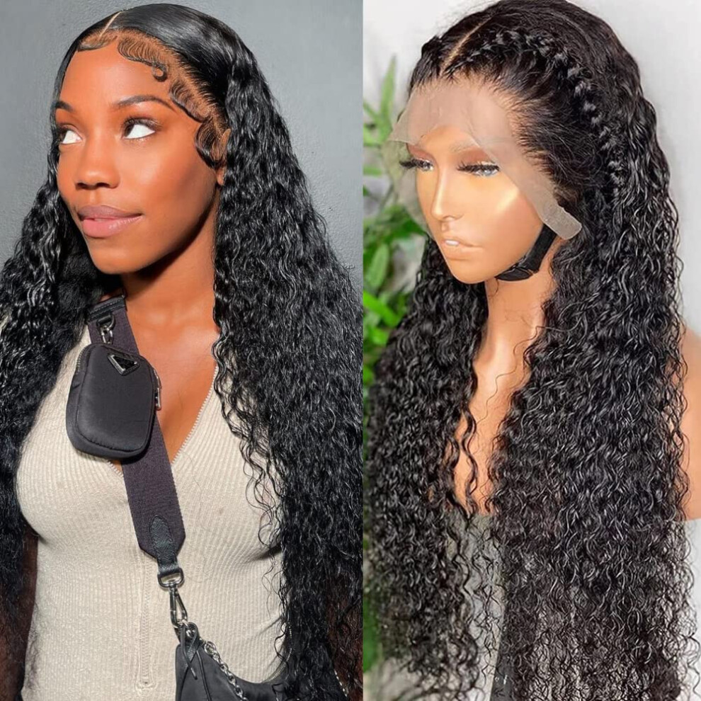 Unisex Black 13X4 Hd Transparent Lace Curly Lace Front Wig 18 Inch Pre Plucked Brazilian Virgin Human Hair 150% Density Wet And Wavy For Women