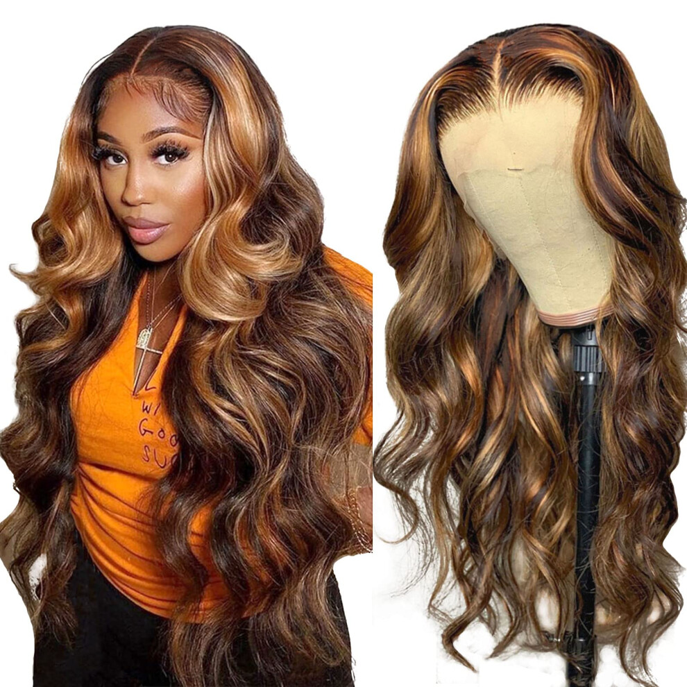28 Inch Honey Blonde Highlight Body Wave Lace Front Human Hair Wig HD Transparent Pre Plucked 13x6 T Part Brazilian Style