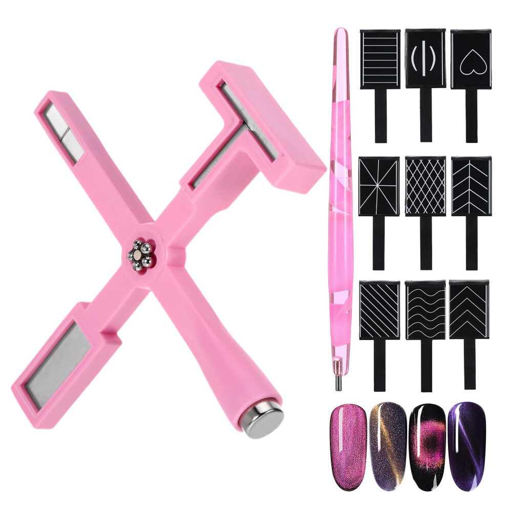 11Pcs Cat Eye Nail Magnet Set Pink, 3in1 Magnetic Nail Art Tools with Instant Cat Eye Effect