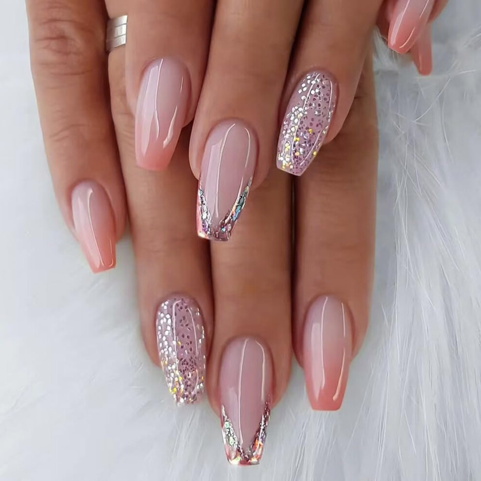 Long Ballet French Tip Press on Nails Gradient Glitter Acrylic Fake Nails 24pcs Salon Quality Set