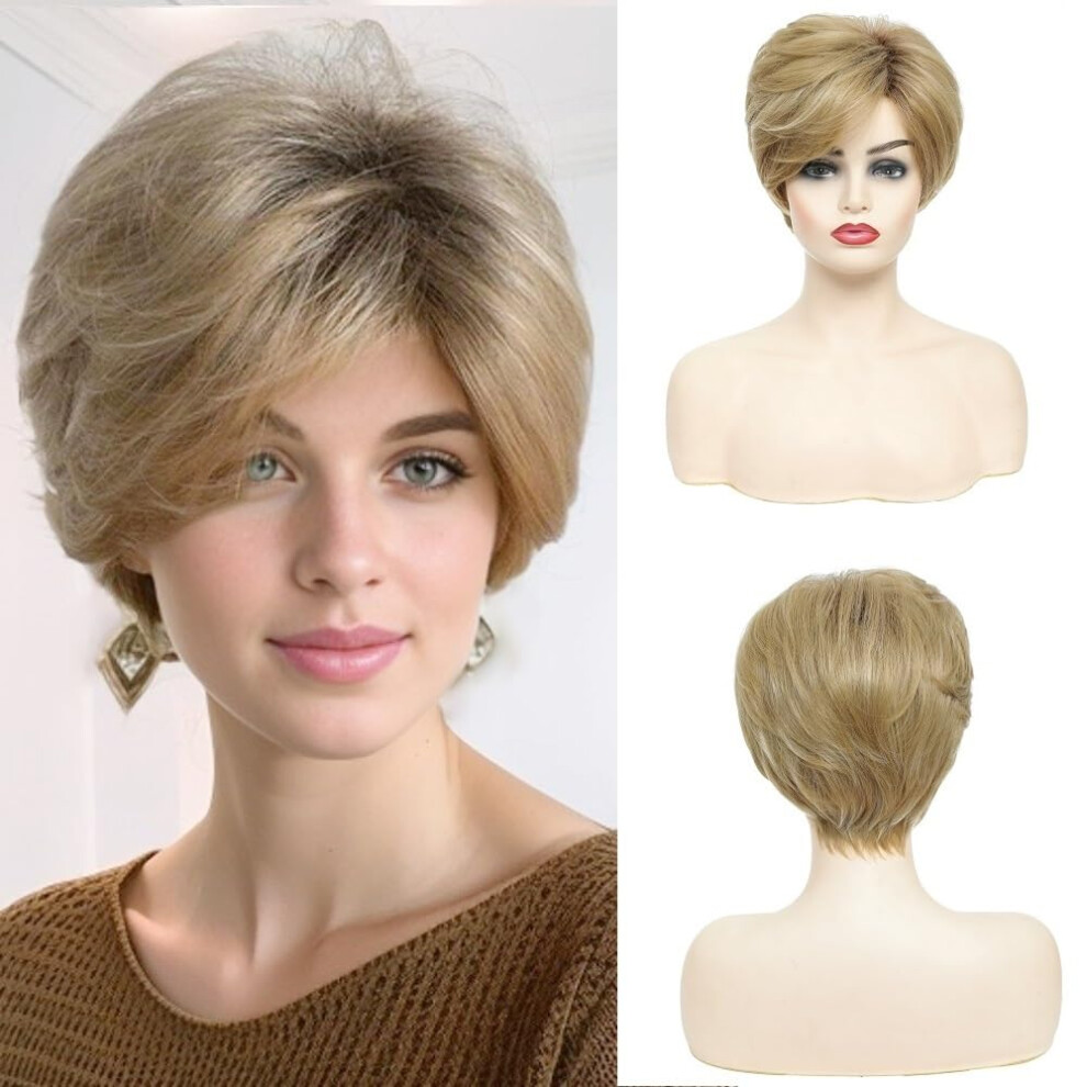 Blonde Pixie Cut Wig with Dark Roots, Short Layered Heat Resistant Synthetic Hair for Women