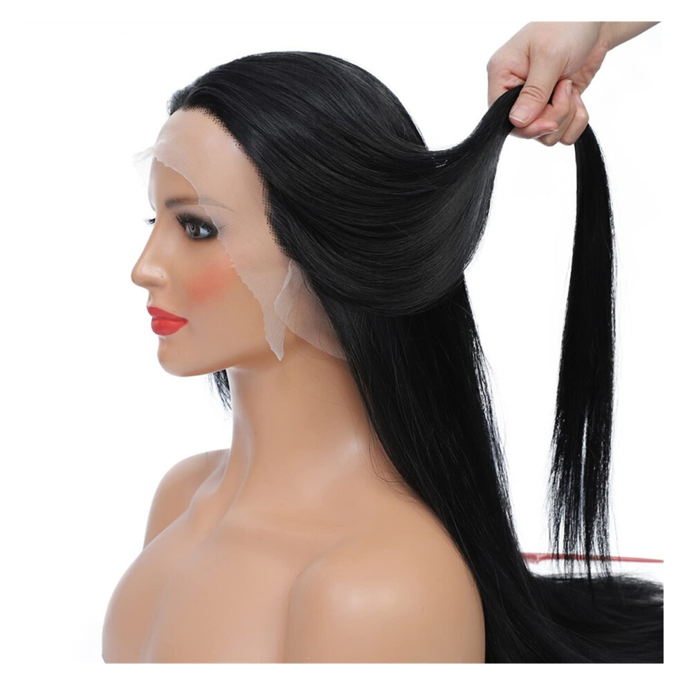 Unisex Black Natural 360 Lace Front Wig Pre Plucked Straight Synthetic Lace Wig Glueless Transparent For Women