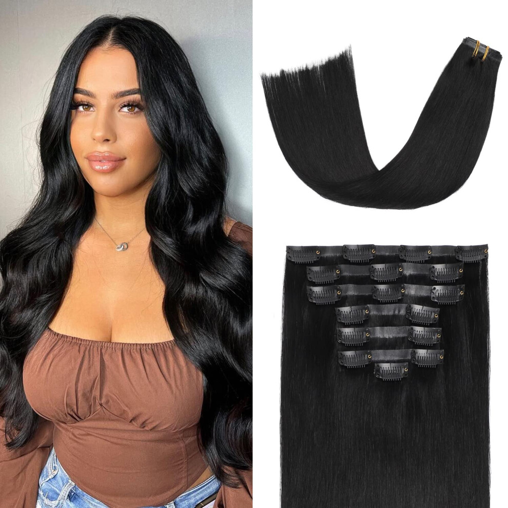 Unisex Black 22 Inch Jet Clip In Human Hair Extensions, Invisible Silicone Weft 100% Remy Human Hair 7Pcs