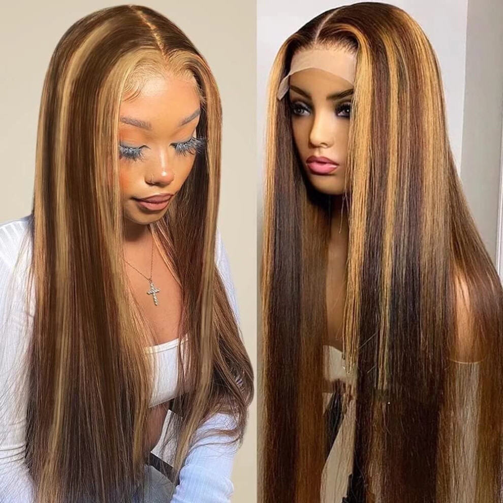 Unisex Brazilian Human Hair Lace Front Wig 24 Inch 4/27 Honey Blonde Ombre Highlight Glueless 150% Density