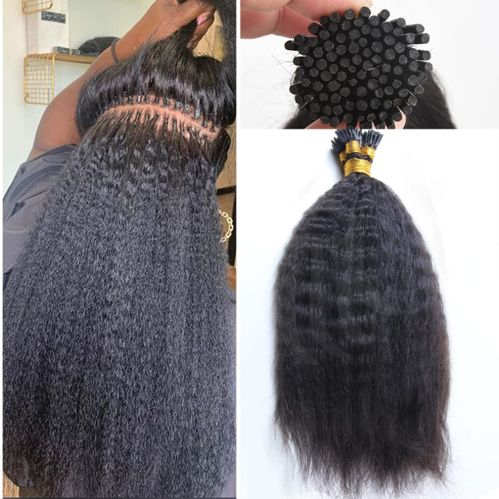 Unisex Black Kinky Straight I Tip Hair Extensions 20 Inch Virgin Brazilian Human Hair For Women