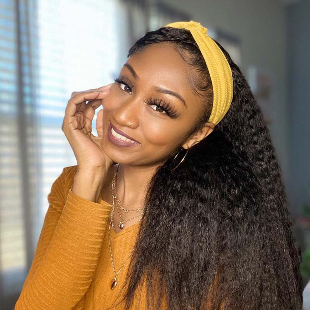 Unisex Black 16 Inch Kinky Straight Headband Wig For Women, Synthetic Yaki Hair, Natural Hairline 1B Color