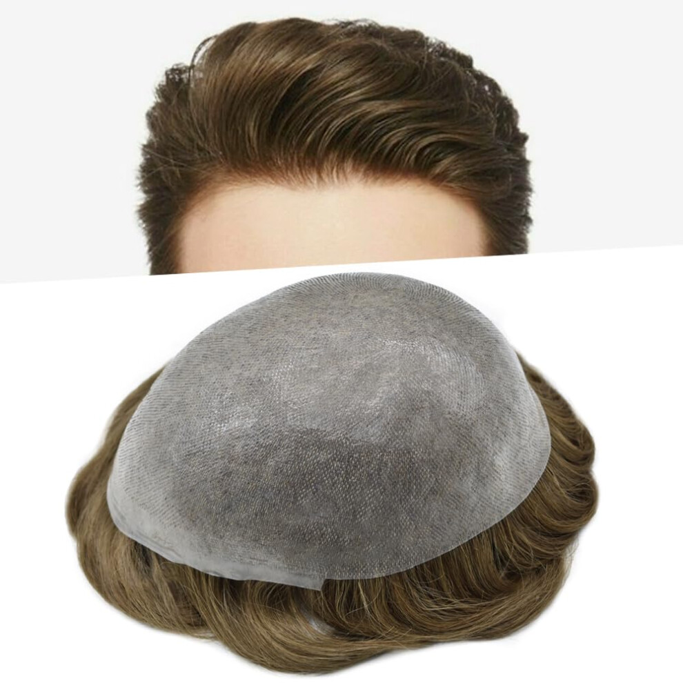 Unisex Brown Men's Toupee Human Hairpiece Light 8X10 Thin Skin Poly Base Natural Hairline Design