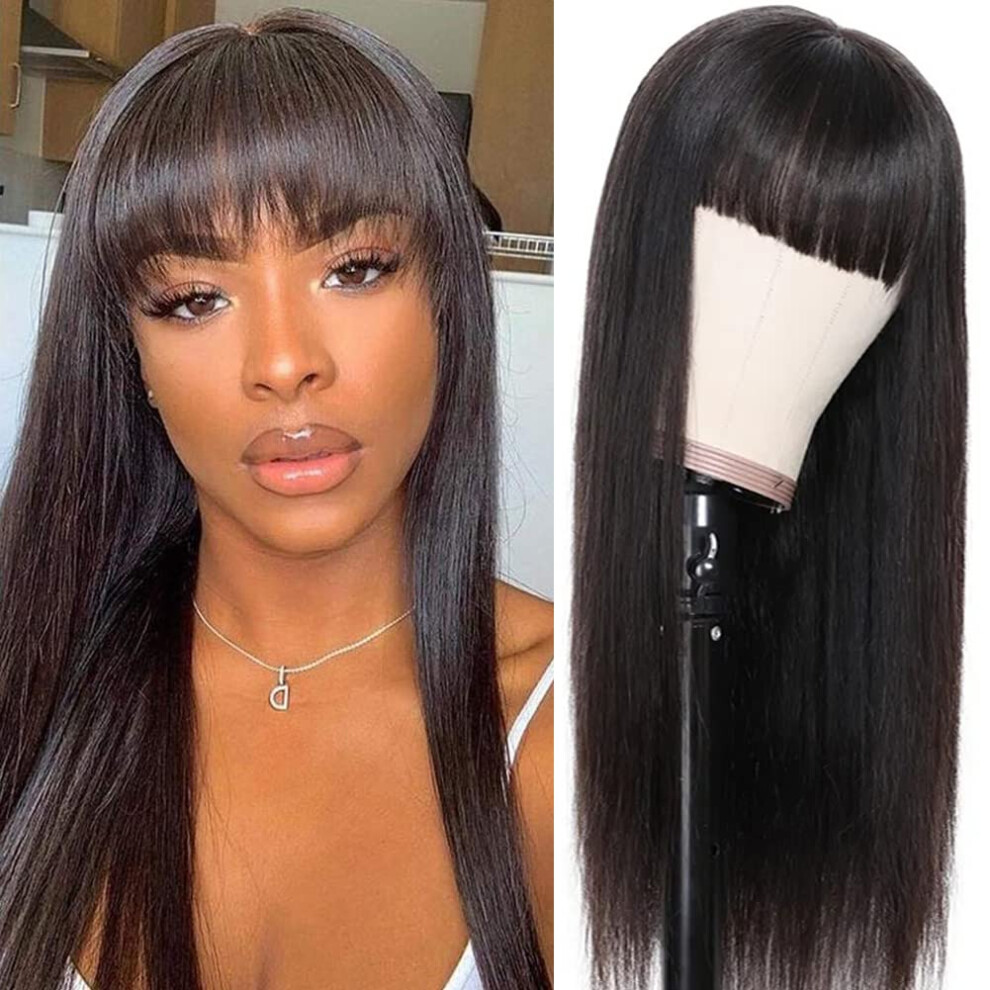 Unisex Black Human Hair Wigs For Women Straight With Bangs Glueless Brazilian Virgin Remy 26 Inch 150% Density