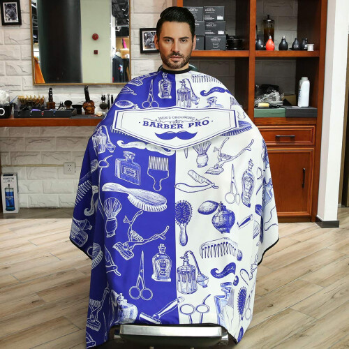 Professional Barber Cape Waterproof Polyester with Snap Closure, Full Coverage Retro Blue 64x57 1