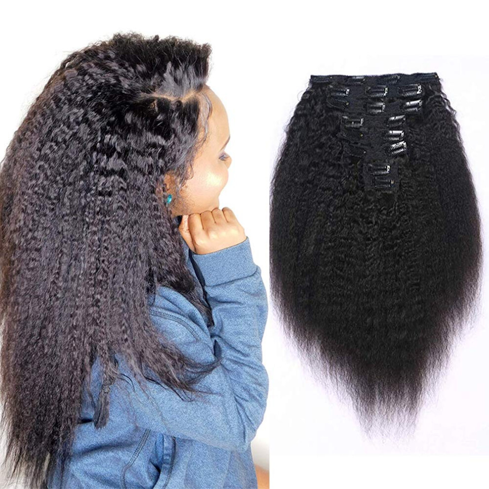Unisex Black Afro Kinky Straight Clip In Hair Extensions 8Pcs 18In Natural Brazilian Virgin Remy Human Hair