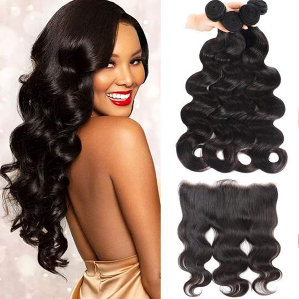 Unisex Black Brazilian Human Hair Bundles 13X4 Lace Frontal Wig Pre Plucked 150% Density Straight For Women