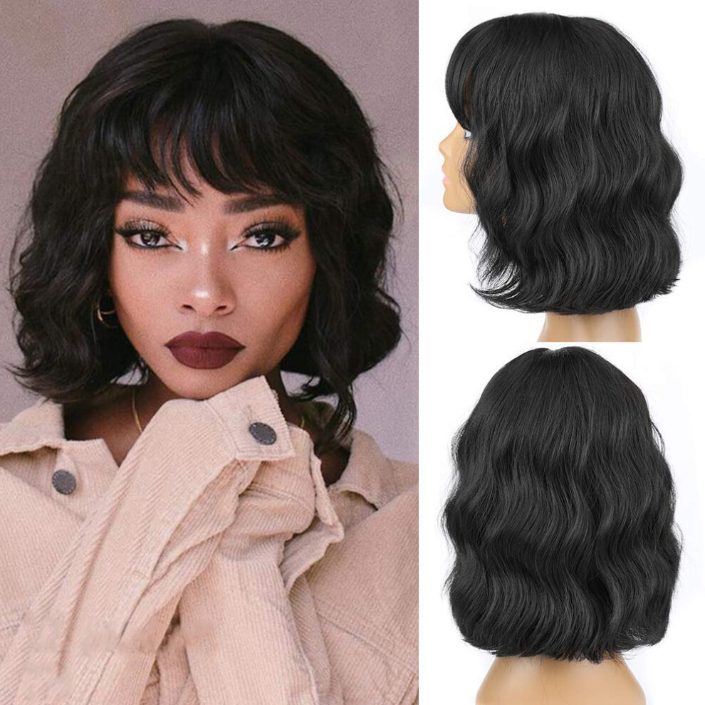 Short Black Bob Wig with Bangs, Natural Looking Heat Resistant Synthetic Wavy Hair for Women