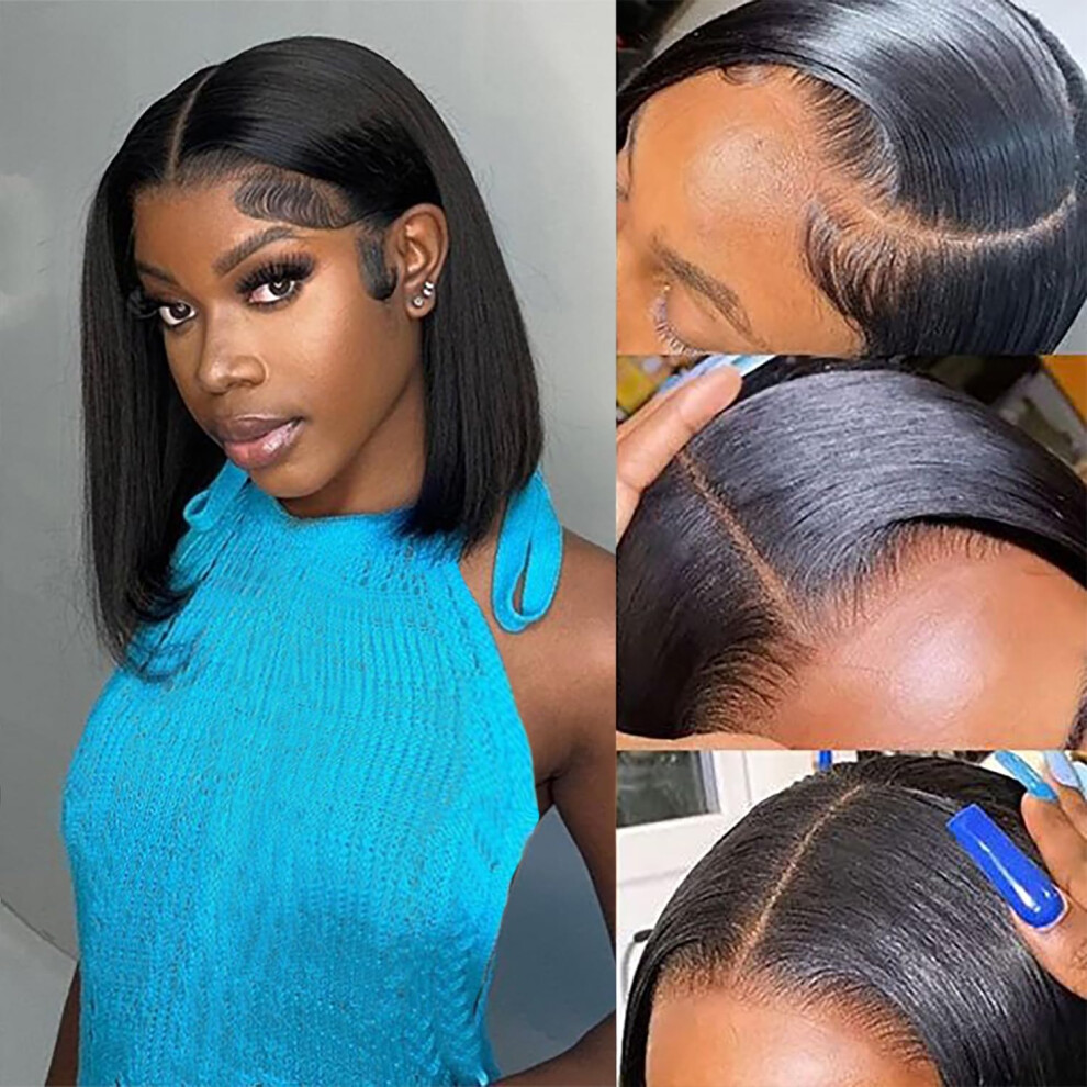 Bob Wig Human Hair 13x4 Lace Front 10 Inch Natural Hairline for Black Women, Natural Black