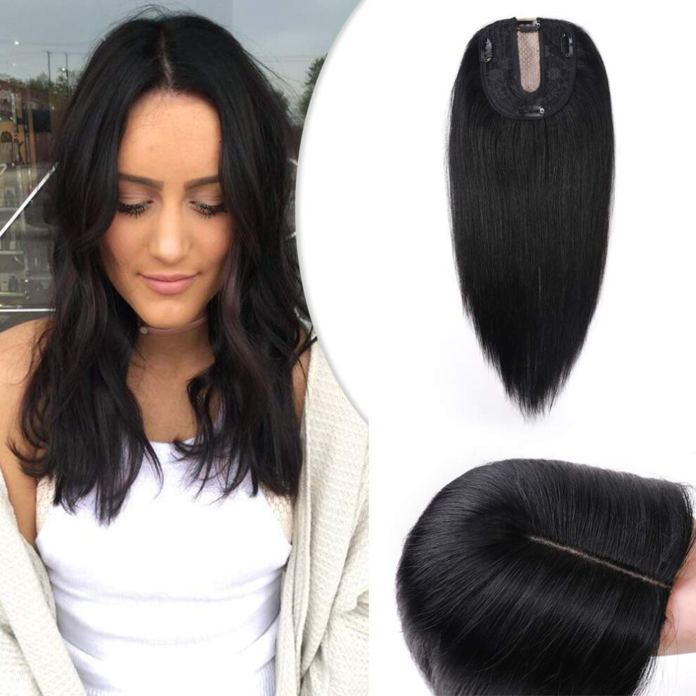 Unisex Black Silk Base Human Hair Topper For Women Clip In Extensions With 4 Clips Jet Crown Coverage
