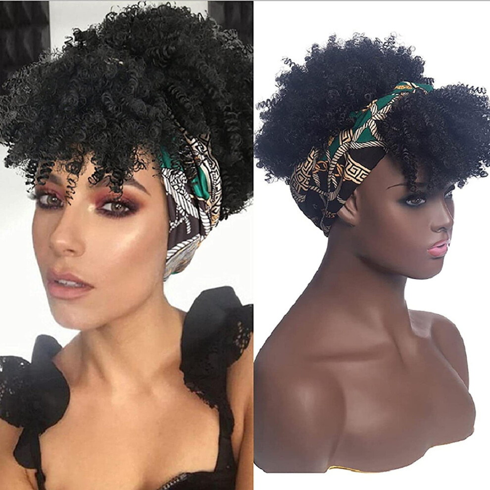 Unisex Black Afro Kinky Curly Wig With Bangs, Short Headband Wig For Women, 2 In 1 Headwrap Style
