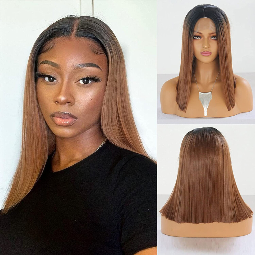 Synthetic Lace Front Wig with Natural Hairline, 14 Inch Ombre Brown Bob, Heat Resistant Fiber