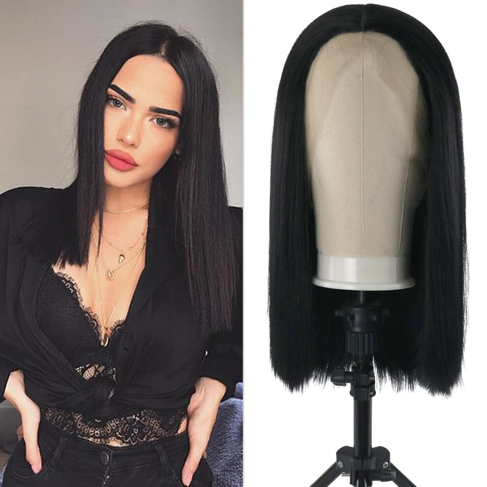 Unisex Black 18 Inch Lace Front Wig Pre Plucked Hairline Glueless Middle Part Straight Wig For Women 150 Density Silky Synthetic Fiber