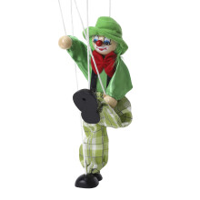 Handmade Wooden Marionette Clown Doll – Fully Poseable Green String Puppet for Kids and Adults