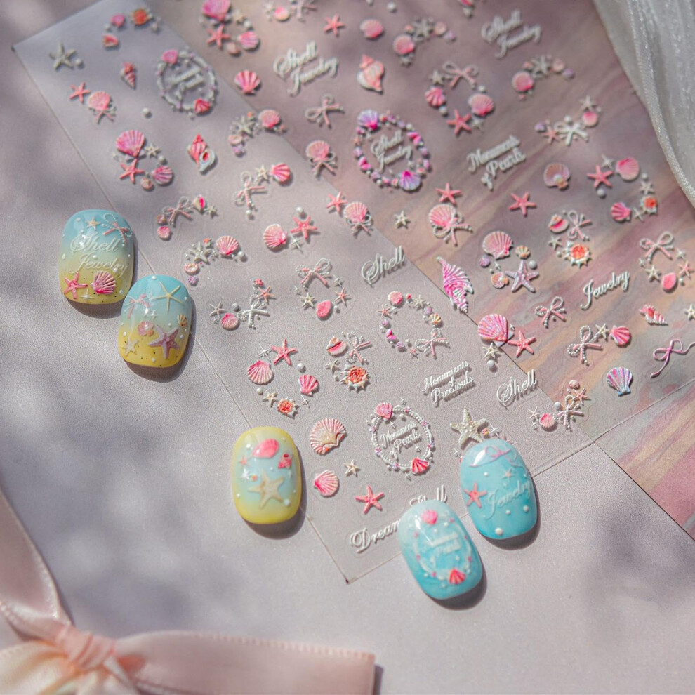 Pink Nail Art Stickers 3D Selfadhesive Seashell Starfish Decals Summer Ocean Theme For Diy Manicure