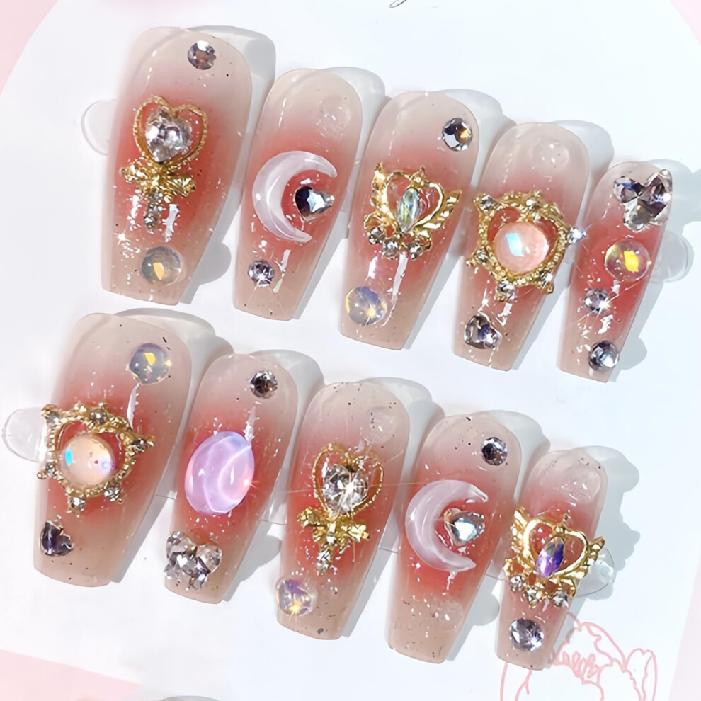 Pink,Cream Luxury Nude Pink Press On Nails 24Pcs Medium Coffin Fake Nails With 3D Rhinestones For Wedding