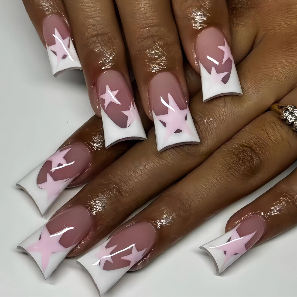 White 24Pcs Glossy Press On Nails With Glue, Medium Length Acrylic False Nails Set