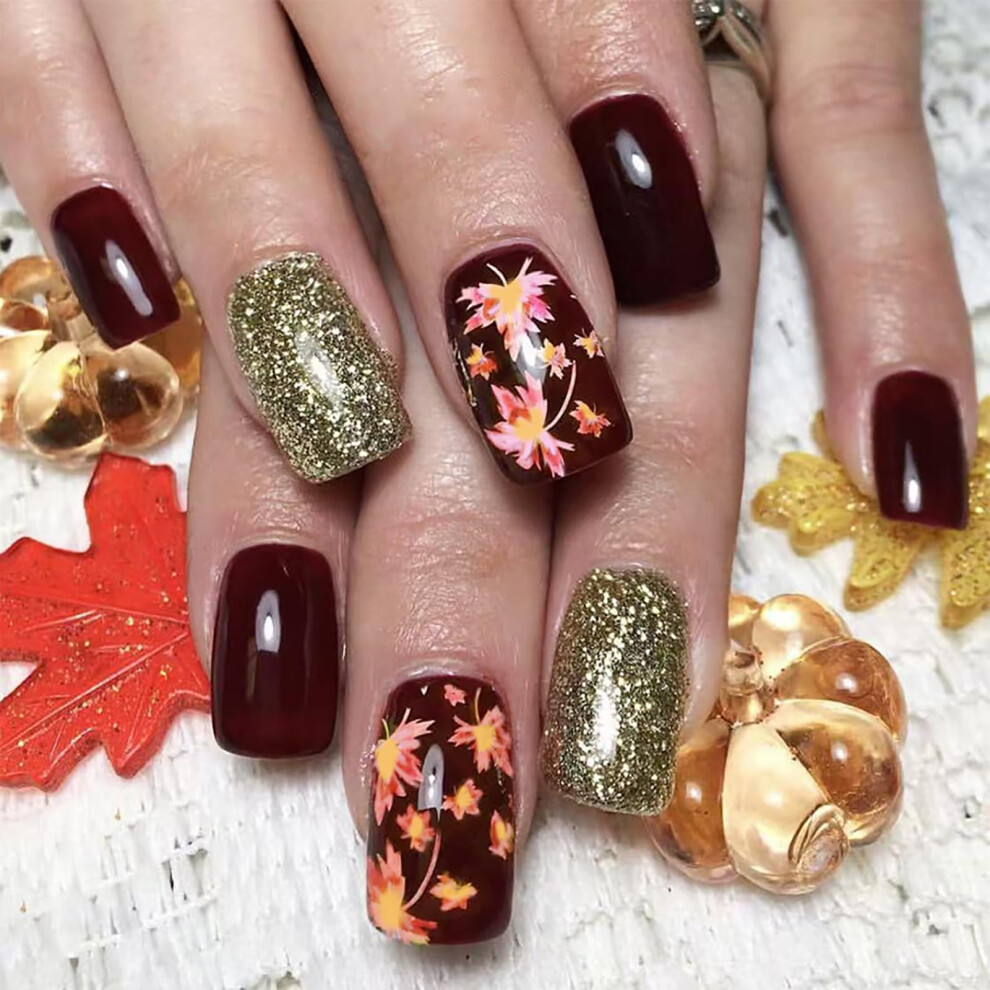 Thanksgiving Press on Nails Maple Leaf Acrylic Design Autumn Square Fake Nails with Glue 24PCS