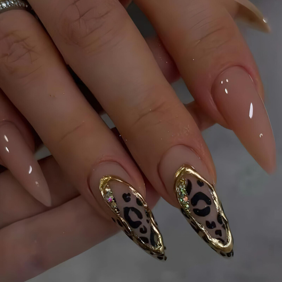 Cream Leopard Print Press On Nails Almond Shape Fake Nails With Rhinestones Glossy Nude Reusable Set 24Pcs
