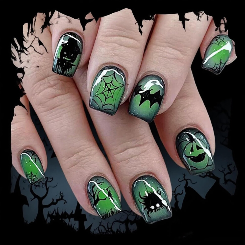Halloween Press On Nails Short Square Glossy Fake Nails with Bat Ghost Pumpkin Spider Web 24Pcs