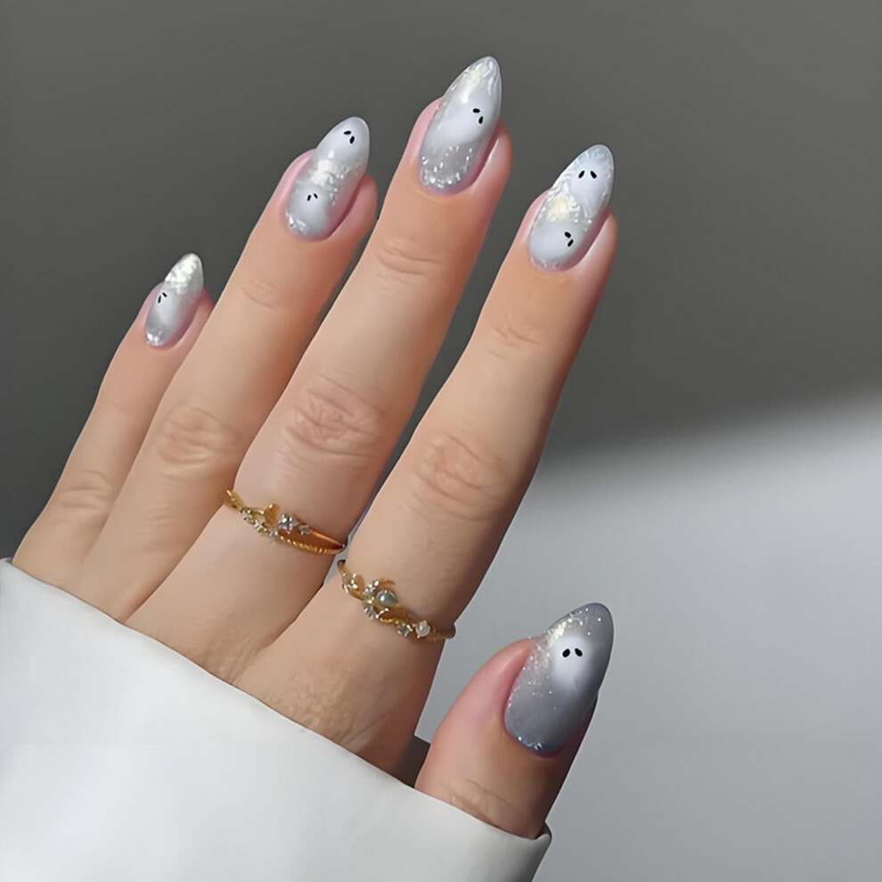 Halloween Press On Nails Almond Shape Fake Nails with Adhesive Ghost Design Reusable Acrylic Tips 24pcs