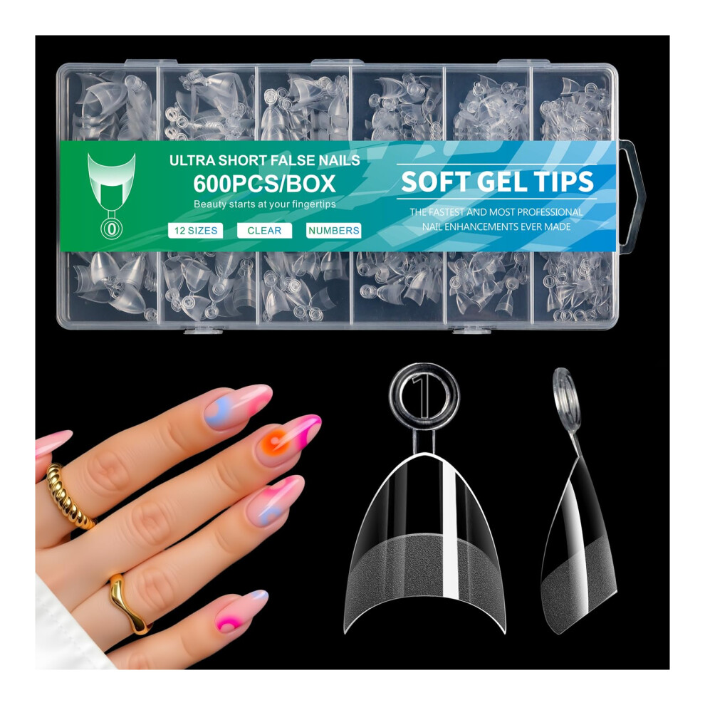 600Pcs Extra Short Almond Nail Tips Soft Gel Extensions Clear False Nails Set for DIY Salon