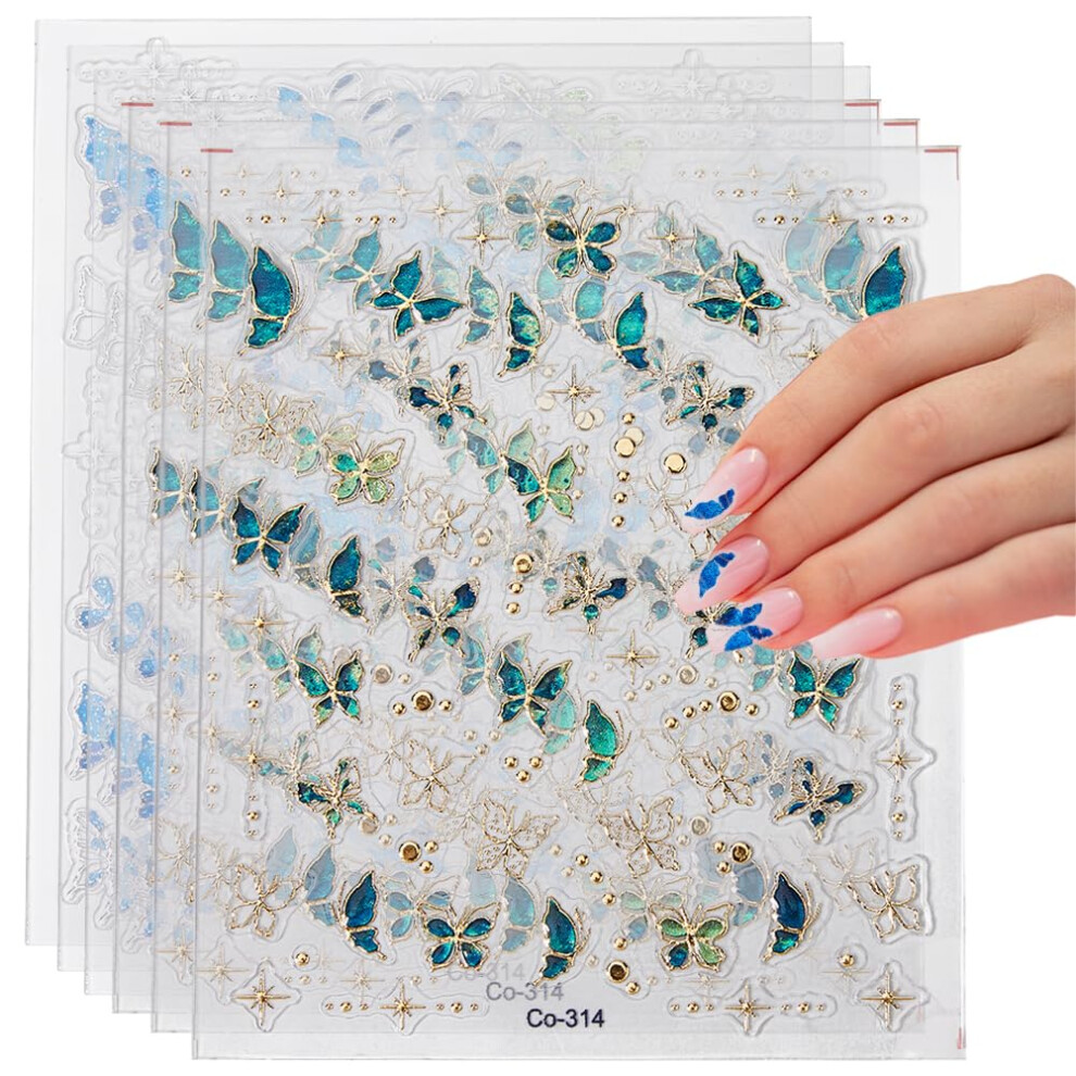 Green/Blue Butterfly Nail Stickers 6 Sheets 5D Embossed And Self Adhesive Decals For Manicure