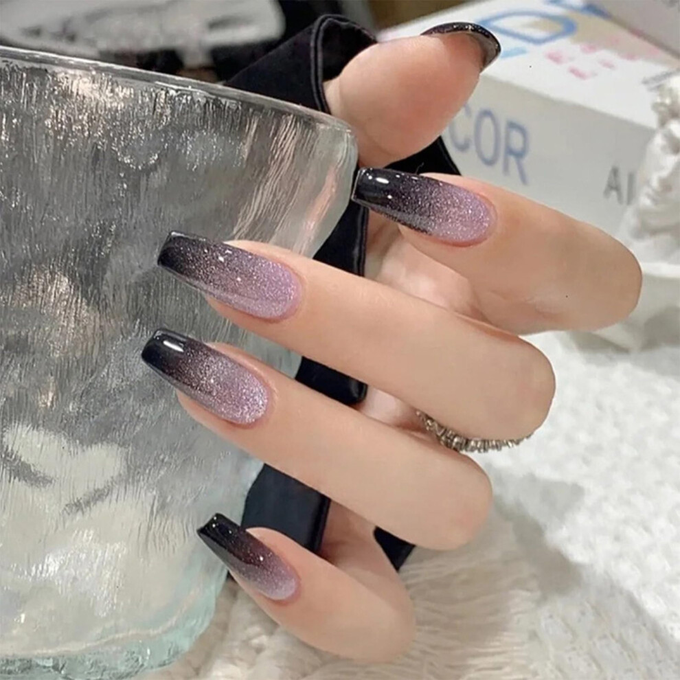 Black,Purple Long Stiletto Press On Nails With Glue, Black Gradient And Purple Glitter, 24Pcs False Nail Set