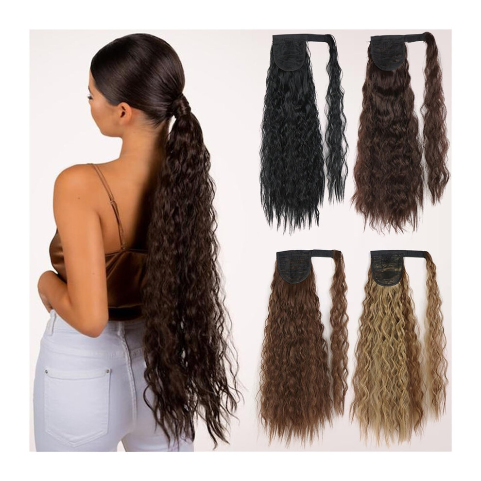 Unisex Brown Ponytail Hair Extension Clip In Synthetic Long Wavy Ombre Blonde Wrap Around Hairpiece 55Cm