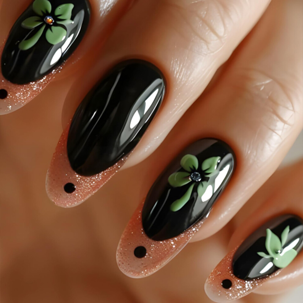 Green St. Patrick's Day Press On Nails Glitter Shamrock Design Medium Almond Reusable Acrylic