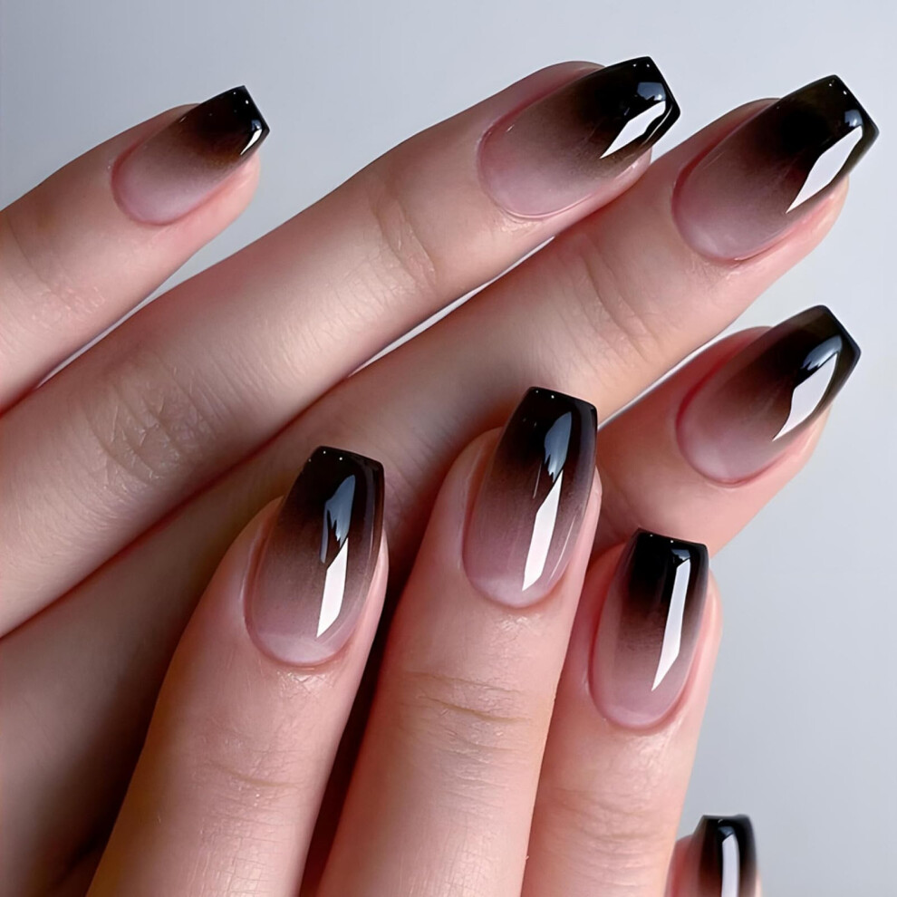 Black,Cream Black Ombre Coffin Press On Nails Medium Acrylic False Nails Reusable Glossy Nude Gradient Set 24Pcs
