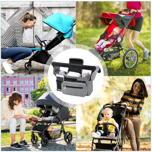 Waterproof Stroller Organizer with Insulated Cup Holders and Multiple Compartments Grey 2