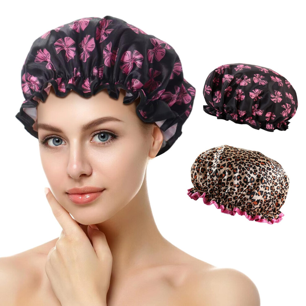 Waterproof Reusable Shower Cap for Women with Double Layer Elastic Fit for Home Spa and Travel