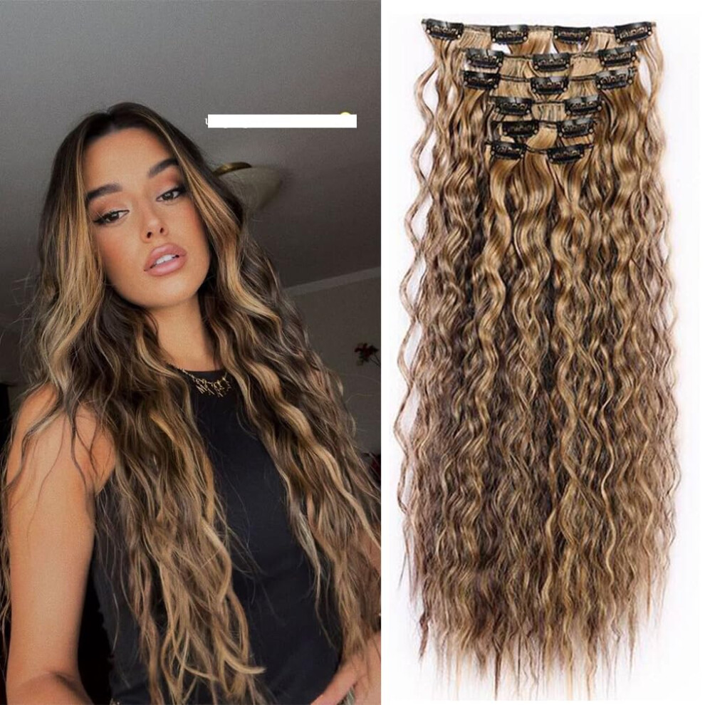 6PCS 22 Inch Curly Clip in Hair Extensions Synthetic Long Wavy Honey Blonde Mix Brown for Women